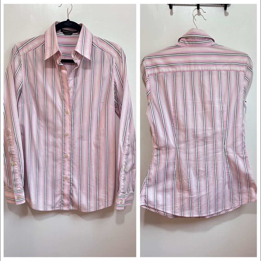 Adrienne Vittadini button down shirt pink white and black, Fitted